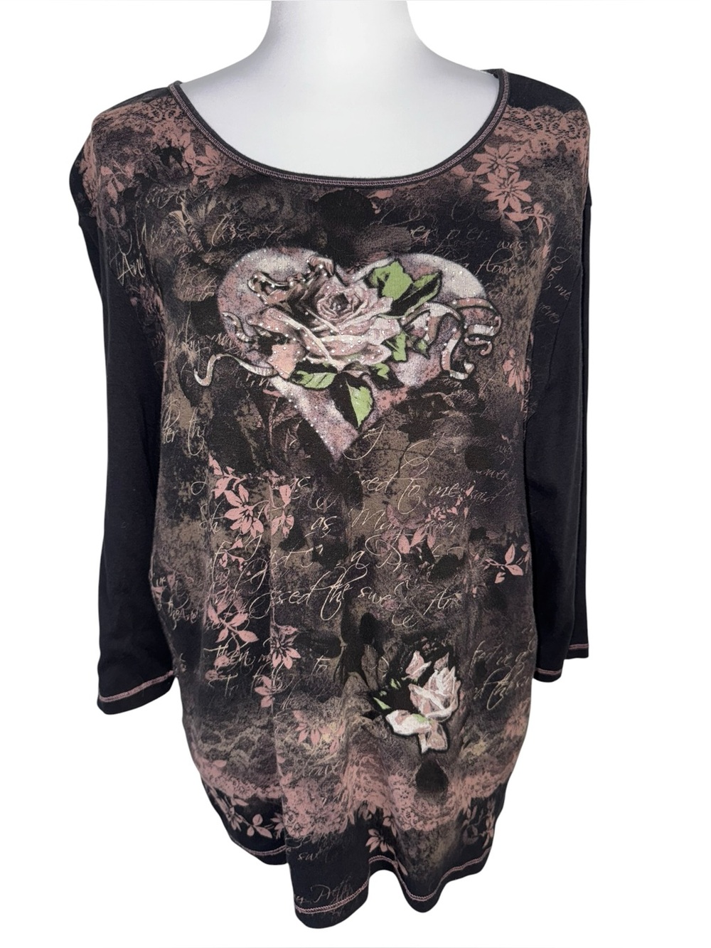 New Directions Women’s 2X Floral Rose Heart Rhinestone Top Black 3/4 Sleeve